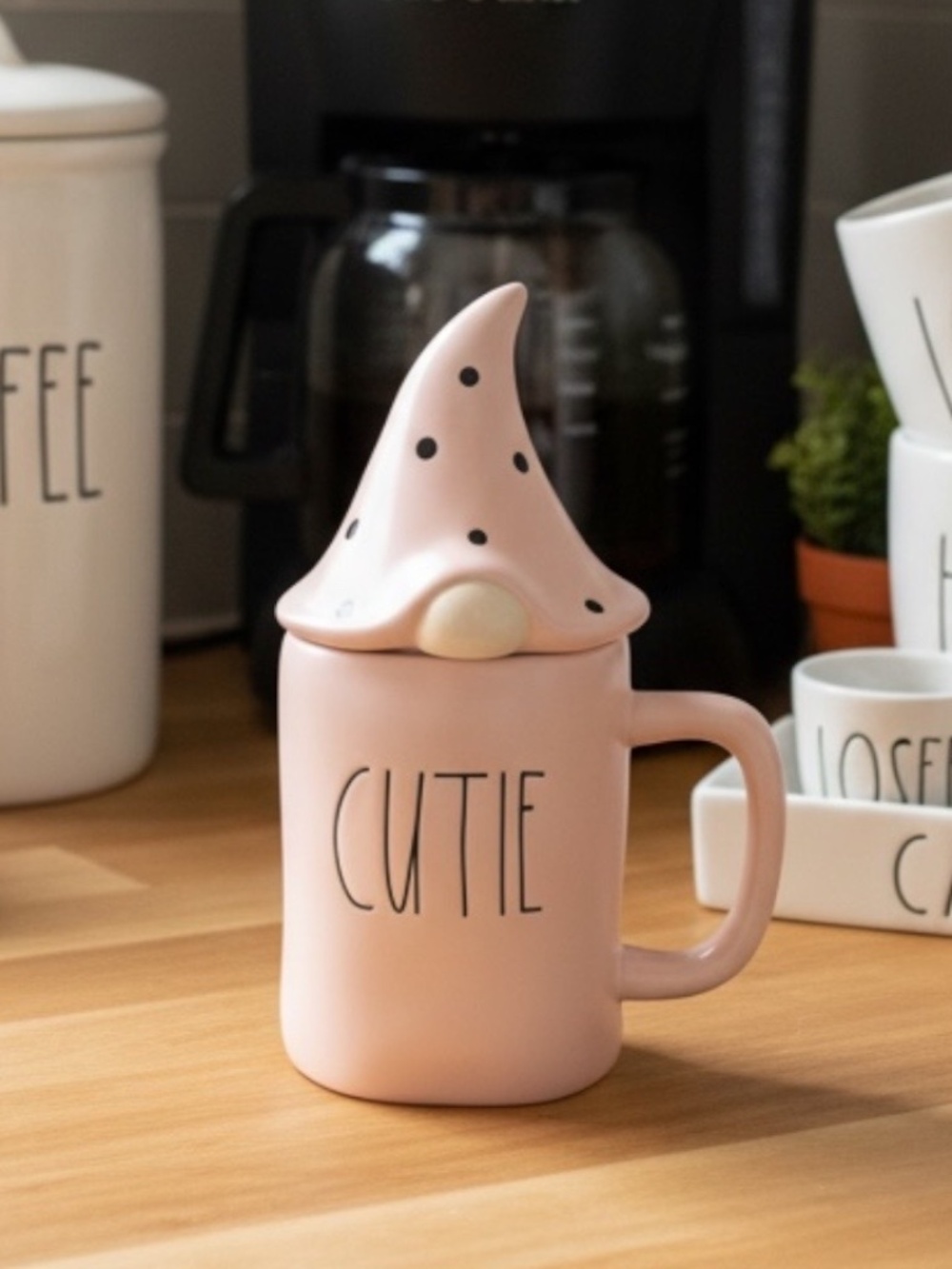 Rae Dunn CUTIE Pink Gnome Mug with Poke Dot Gnome Hat Topper